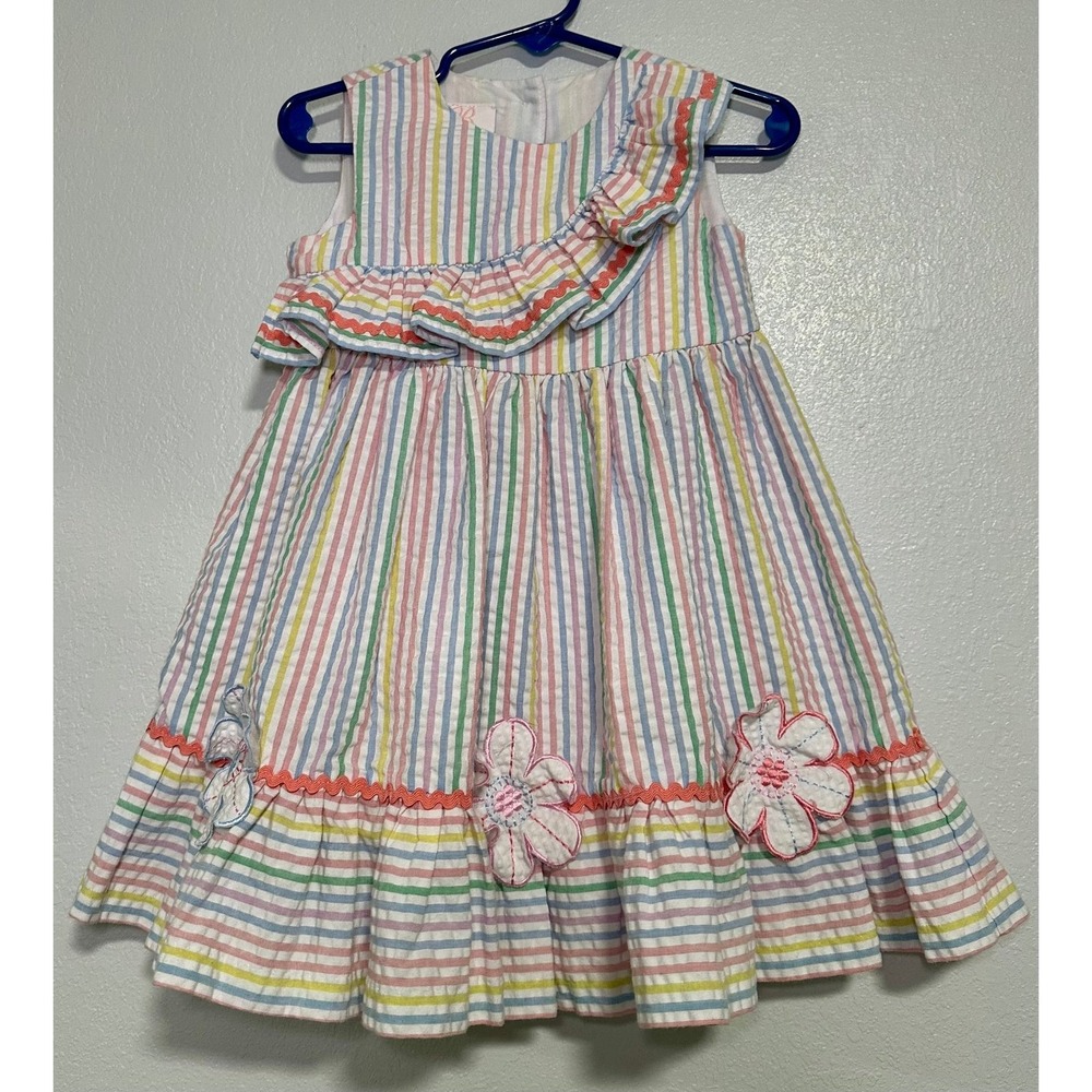 Girls Pastel Stripe Seersucker Dress Ruffle Flower Applique Summer Toddler 24 M